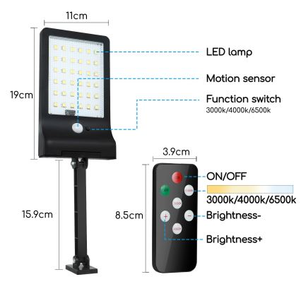 Aigostar - LED Ljusreglerad solcell lampa med sensor LED/2,3W/5,5V IP65 1800 mAh + fjärrkontroll