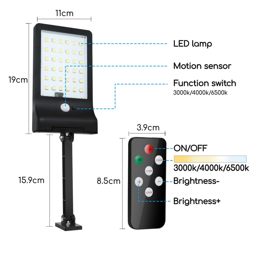 Aigostar - LED Ljusreglerad solcell lampa med sensor LED/2,3W/5,5V IP65 1800 mAh + fjärrkontroll