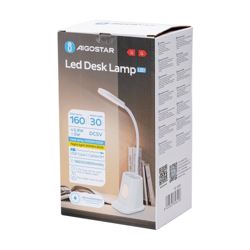 Aigostar - LED Ljusreglerad uppladdningsbar bordslampa LED/2,8W/5V 1800mAh 3000/5000K vit