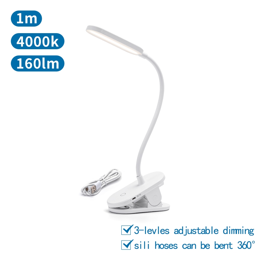 Aigostar - LED Ljusreglerad uppladdningsbar bordslampa med klämma LED/2,5W/5V 1200mAh vit