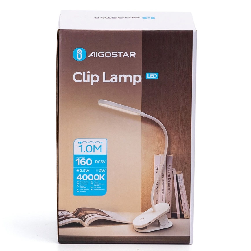 Aigostar - LED Ljusreglerad uppladdningsbar bordslampa med klämma LED/2,5W/5V 1200mAh vit