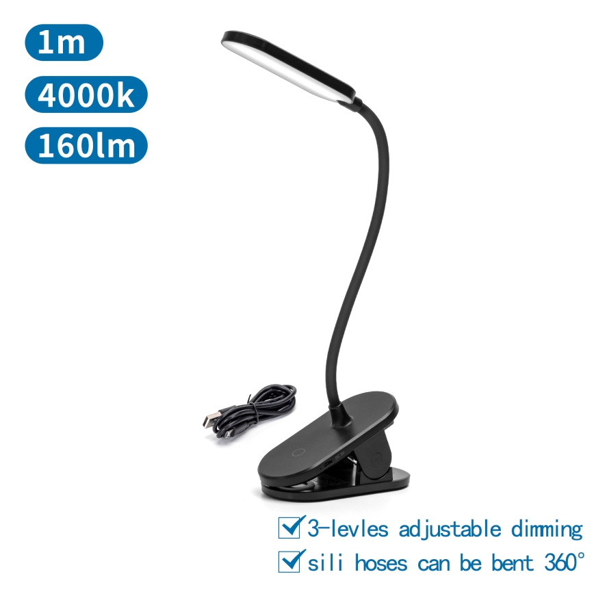 Aigostar - LED Ljusreglerad uppladdningsbar bordslampa med klämma LED/2,5W/5V svart