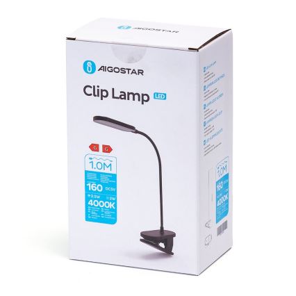 Aigostar - LED Ljusreglerad uppladdningsbar bordslampa med klämma LED/2,5W/5V svart
