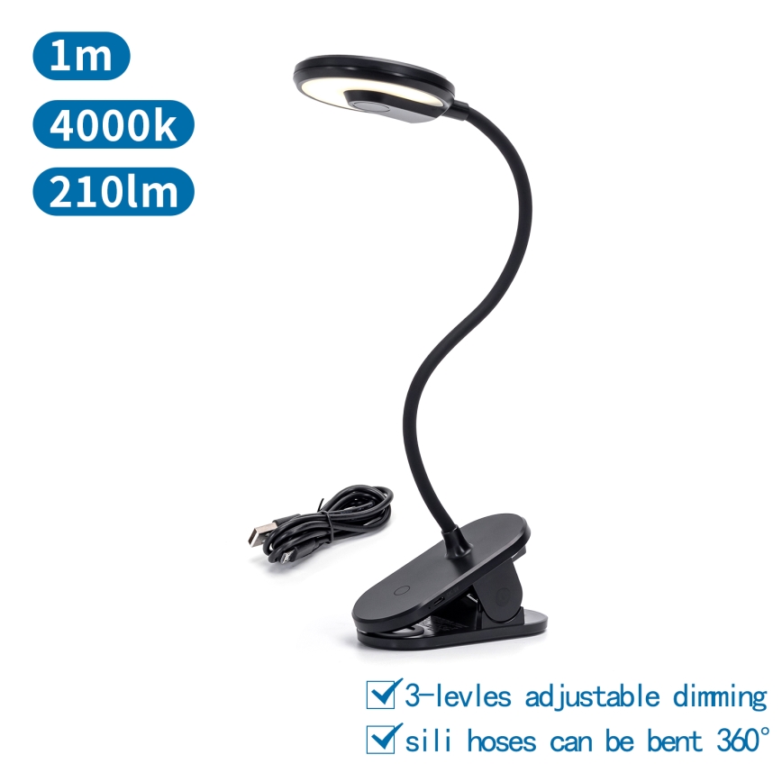Aigostar - LED Ljusreglerad uppladdningsbar bordslampa med klämma LED/3W/5V 1800mAh svart