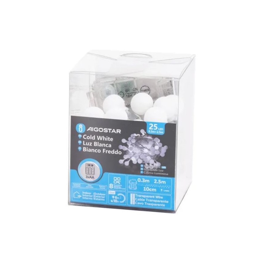 Aigostar - LED julkedja för utomhusbruk 25xLED/3xAA/8 funktioner 2,8 m IP44 kall vit
