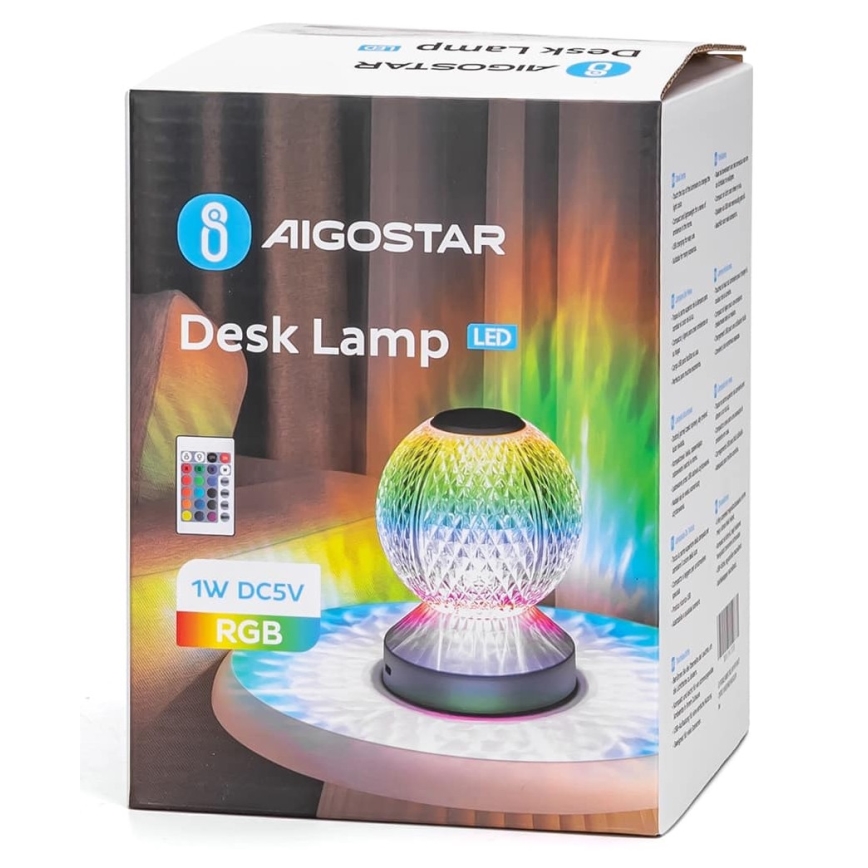 Aigostar - LED RGB Ljusreglerad uppladdningsbar bordslampa LED/1W/5V 1800mAh 13,5 cm + fjärrkontroll