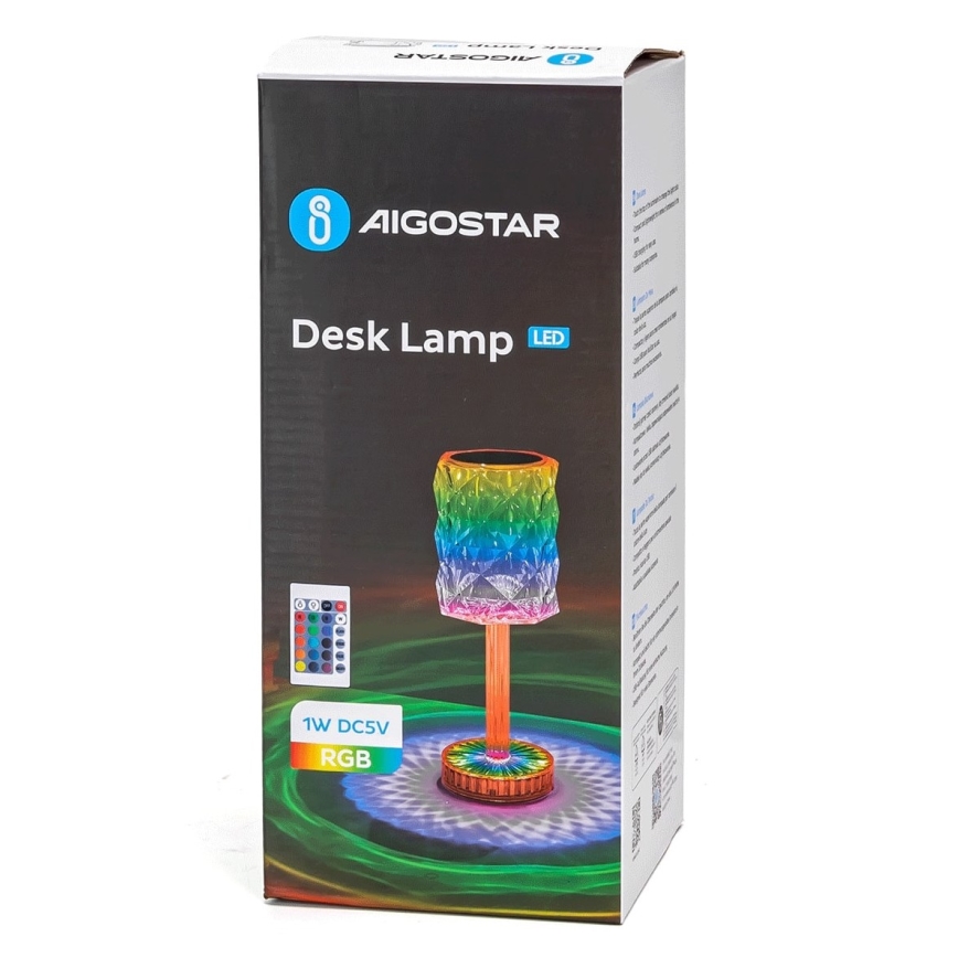 Aigostar - LED RGB Ljusreglerad uppladdningsbar bordslampa LED/1W/5V 1800mAh 26 cm + fjärrkontroll