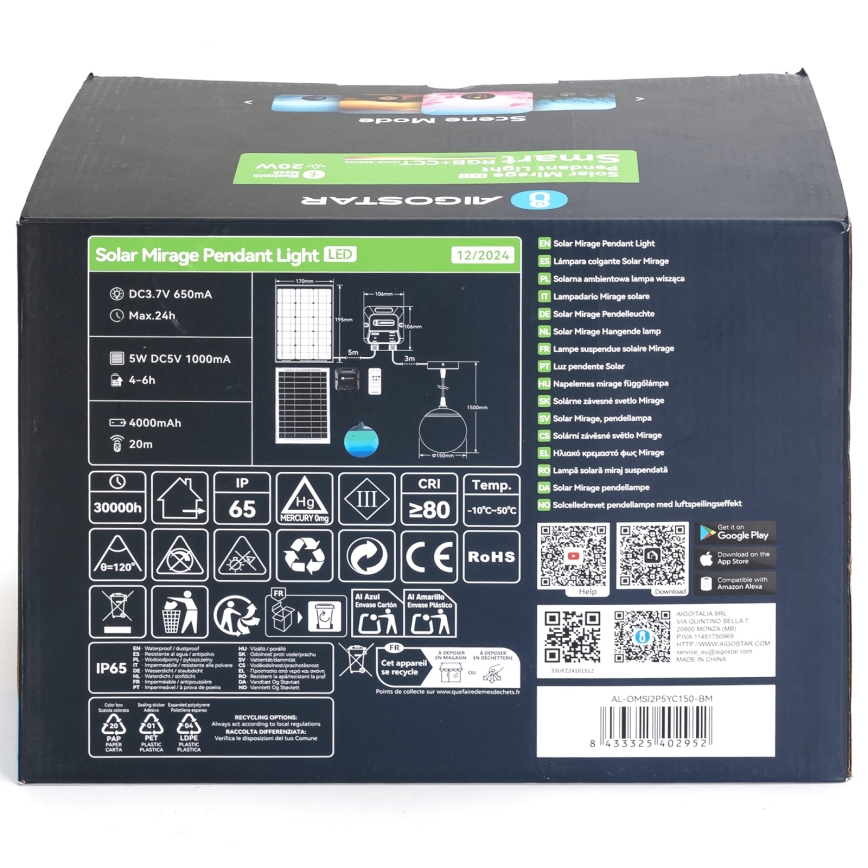 Aigostar - LED RGB Dimbar  solcellsljuskrona MESH LED/20W/3,7V 4000 mAh 2700K-6500K IP65 diameter 15 cm