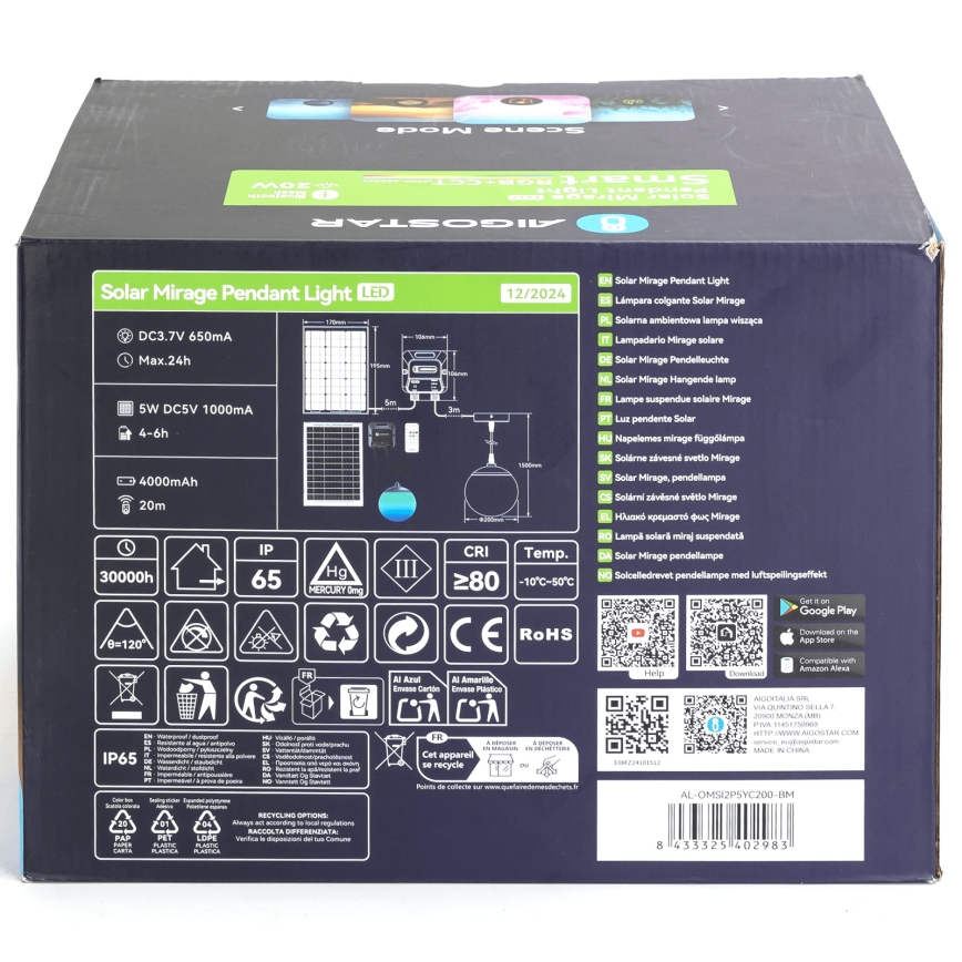 Aigostar - LED RGB Dimbar  solcellsljuskrona MESH LED/20W/3,7V 4000 mAh 2700K-6500K IP65 diameter 20 cm