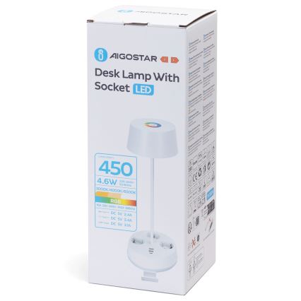 Aigostar - LED RGBW Dimbar skrivbordslampa med uttag och USB LED/4,6W/230V 3000/4000/6500K vit