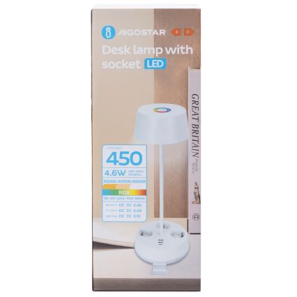 Aigostar - LED RGBW Dimbar skrivbordslampa med uttag och USB LED/4,6W/230V 3000/4000/6500K vit