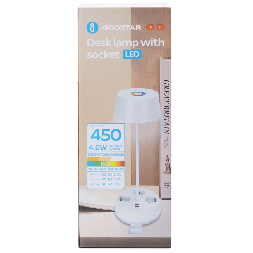 Aigostar - LED RGBW Dimbar skrivbordslampa med uttag och USB LED/4,6W/230V 3000/4000/6500K vit
