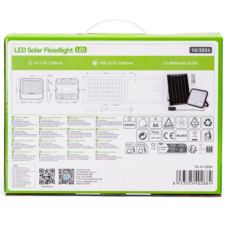Aigostar - LED RGBW Dimbar solcellsstrålkastare LED/100W/3,4V IP66 8000 mAh + fjärrkontroll