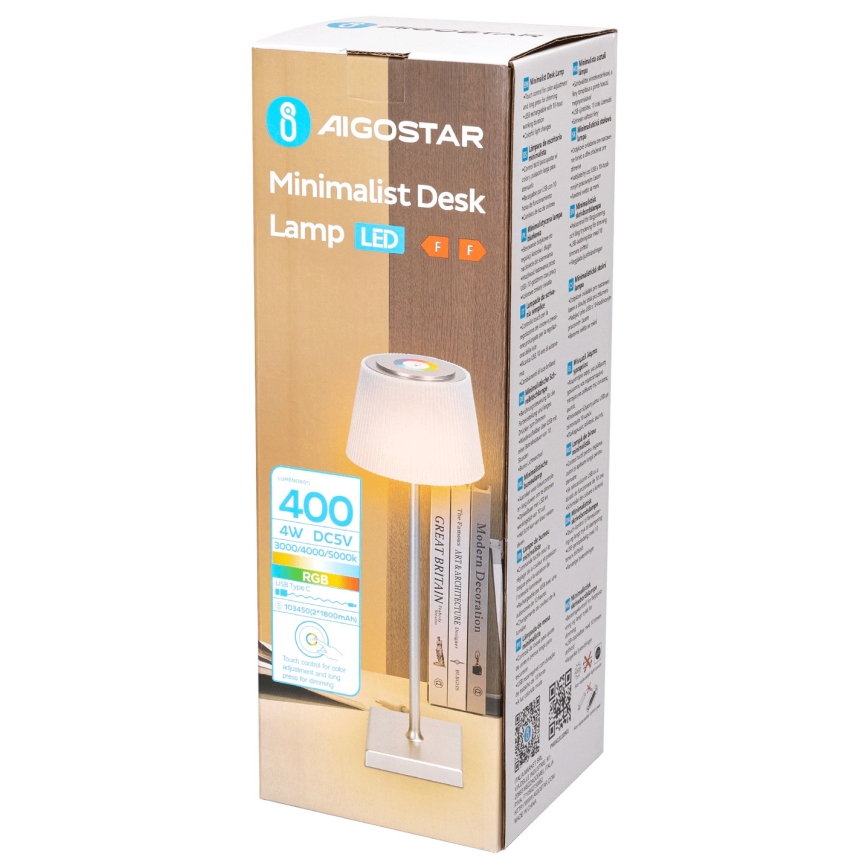 Aigostar - LED RGBW Utomhusdimbar uppladdningsbar bordslampa LED/4W/5V 3600mAh vit/matt krom IP54