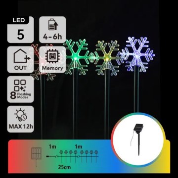 Aigostar - LED RGBY solcellsdriven julbelysning 5xLED/1,2V/8 funktioner 1m IP65 800mAh snöflingor