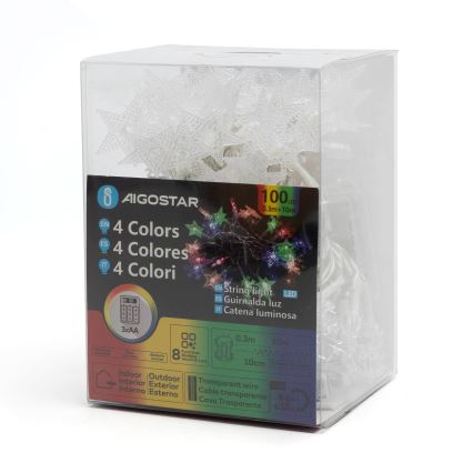 Aigostar - LED RGBY utomhus julljusslinga 100xLED/8 funktioner 3xAA 10m IP44 stjärnor