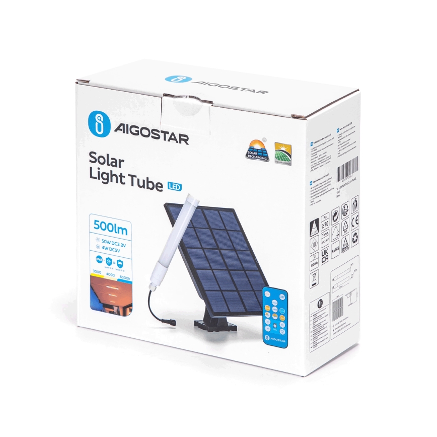 Aigostar - LED Ljusreglerad tub med solcellspanel LED/3,2V 3000K/4000K/6500K IP65 + fjärrkontroll