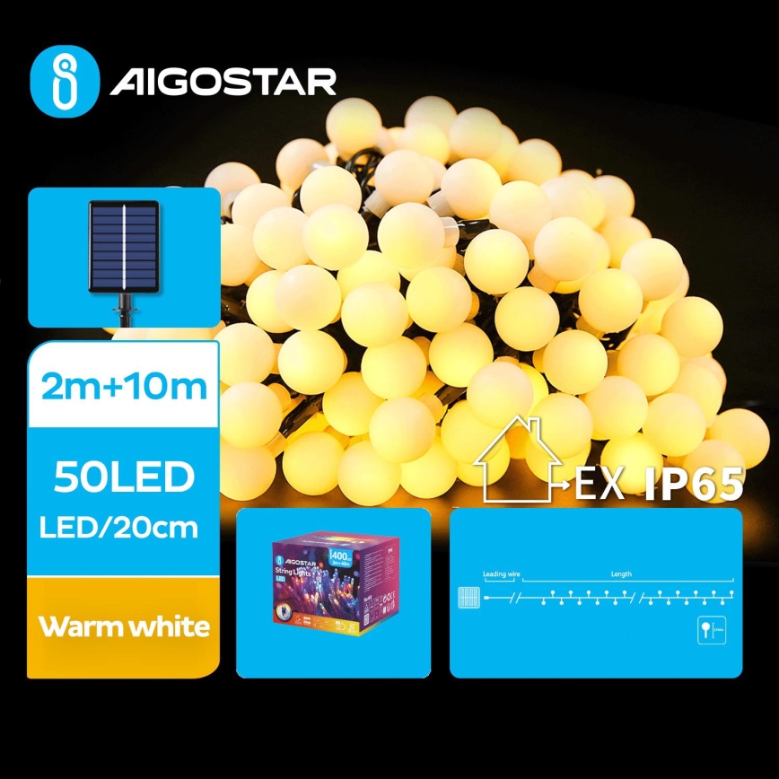 Aigostar - LED Solar Dekorativ slinga 50xLED/8 funktioner 12m IP65 varm vit