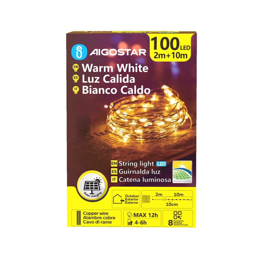 Aigostar - LED Solar Julkedja 100xLED/8 funktioner 12m IP65 varm vit