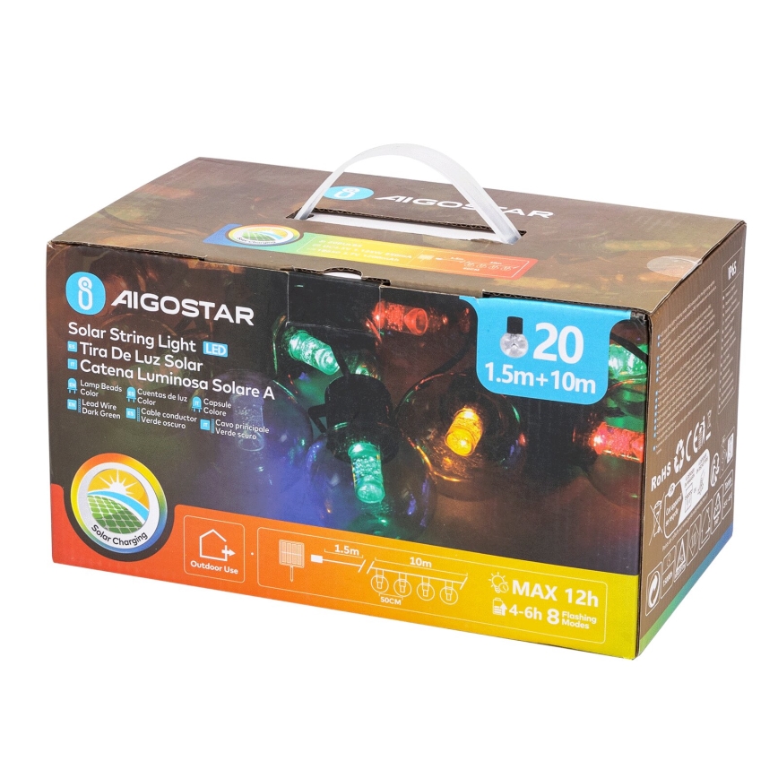 Aigostar - LED Solar Julkedja 20xLED/8 funktioner 11,5m IP65 Flerfärgad
