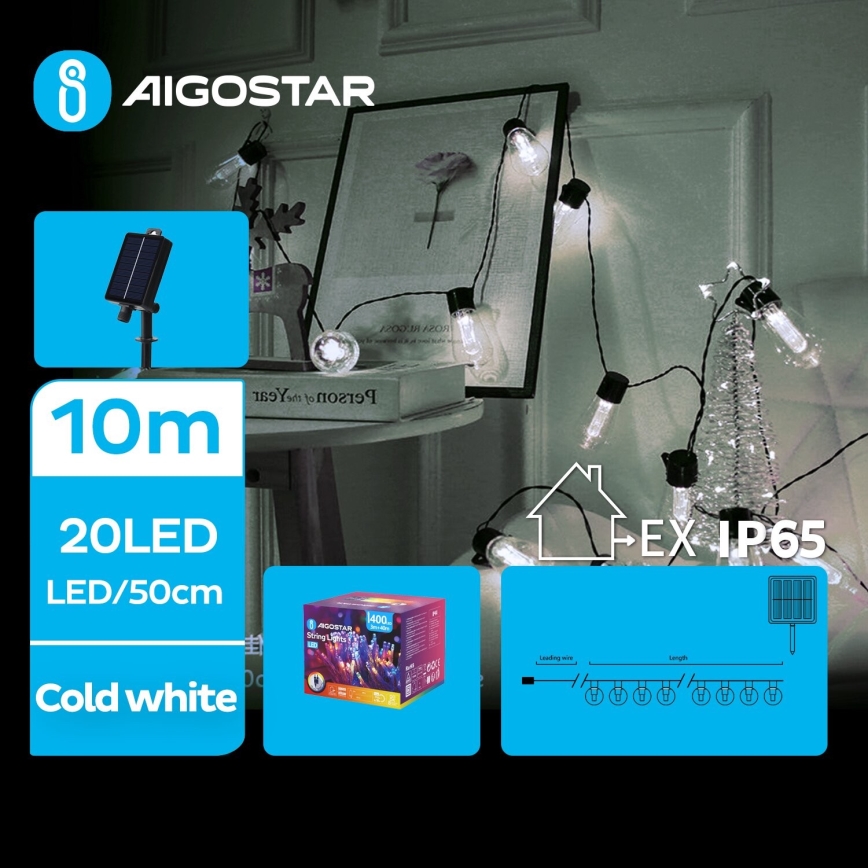 Aigostar - LED Solar Julkedja 20xLED/8 funktioner 11,5m IP65 kall vit