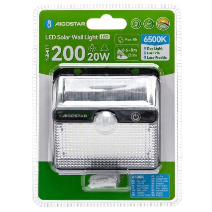 Aigostar - LED Solarlampa med sensor 3,7V 6500K 1200 mAh IP65 svart