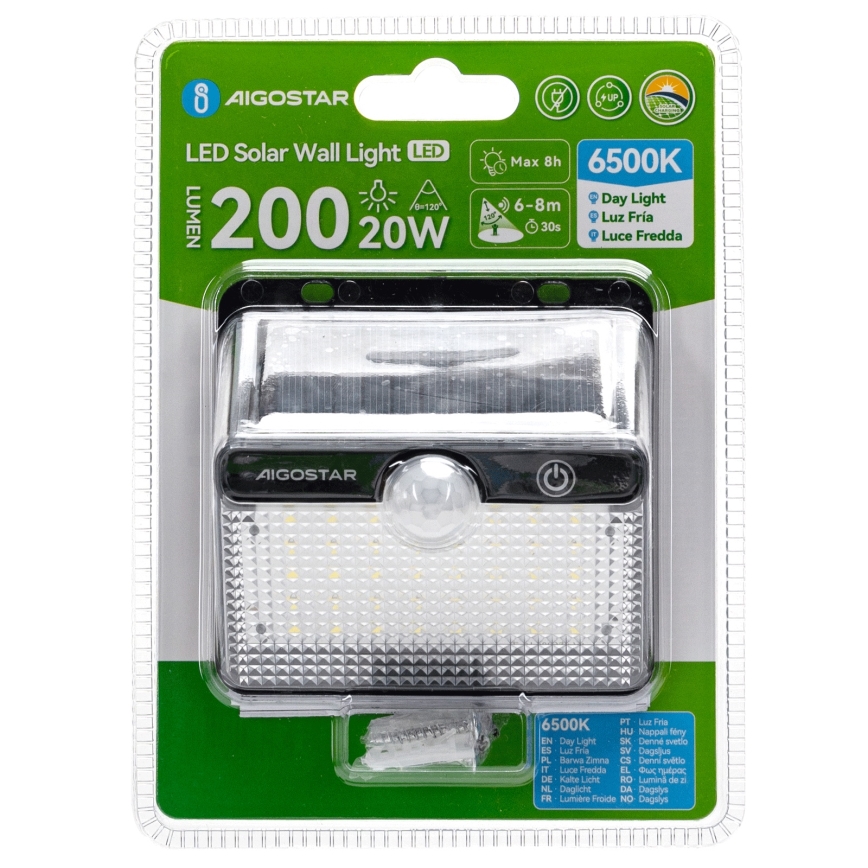 Aigostar - LED Solarlampa med sensor 3,7V 6500K 1200 mAh IP65 svart
