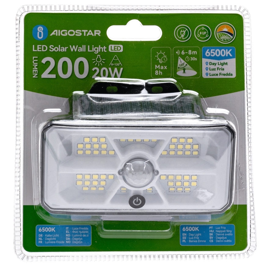 Aigostar - LED-solarlampa med sensor LED/3,7V 6500K 500 mAh IP65 svart