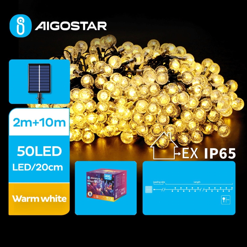 Aigostar - LED Solcell Dekorativ slinga 50xLED/8 funktioner 12m 800 mAh IP65 varm vit