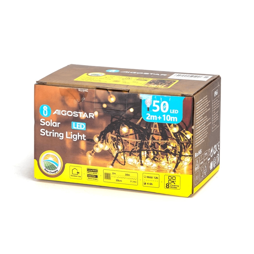 Aigostar - LED Solcell Dekorativ slinga 50xLED/8 funktioner 12m 800 mAh IP65 varm vit