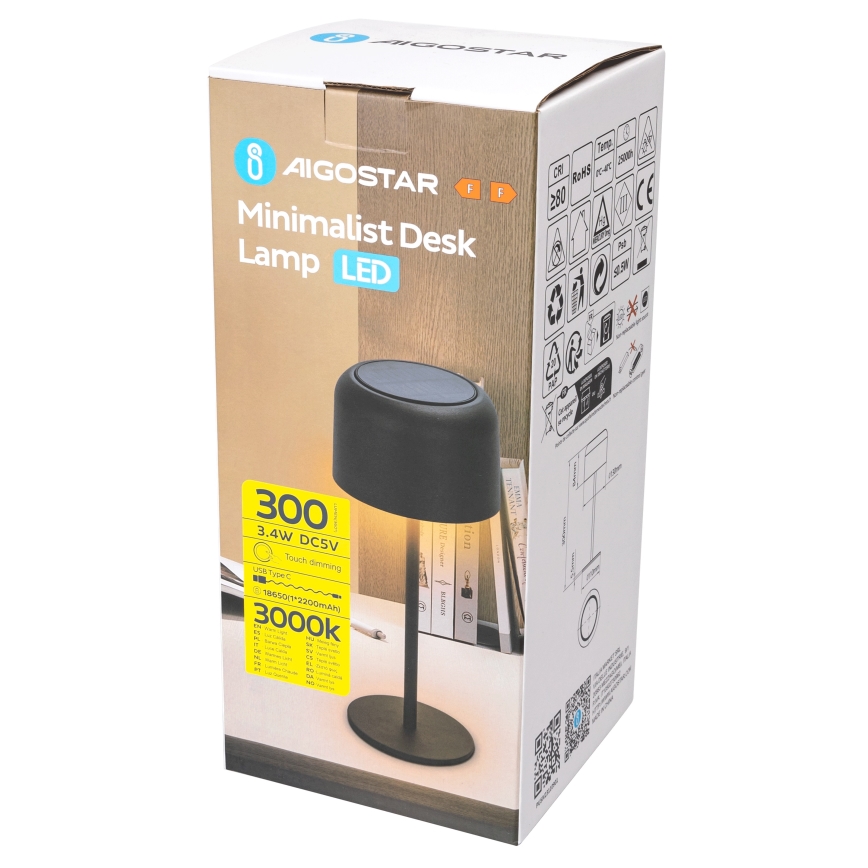 Aigostar - LED Solar ljusreglerad rechargeable bordslampa LED/3W/5V 2200mAh svart IP54