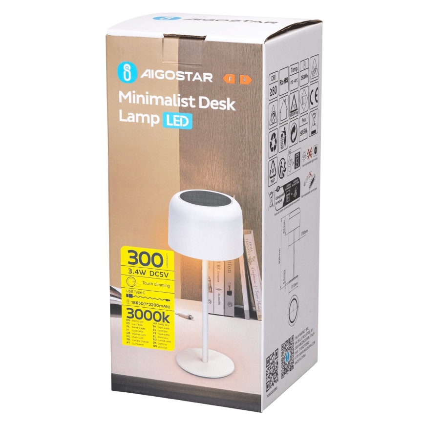Aigostar - LED Solar ljusreglerad rechargeable bordslampa LED/3W/5V 2200mAh vit IP54