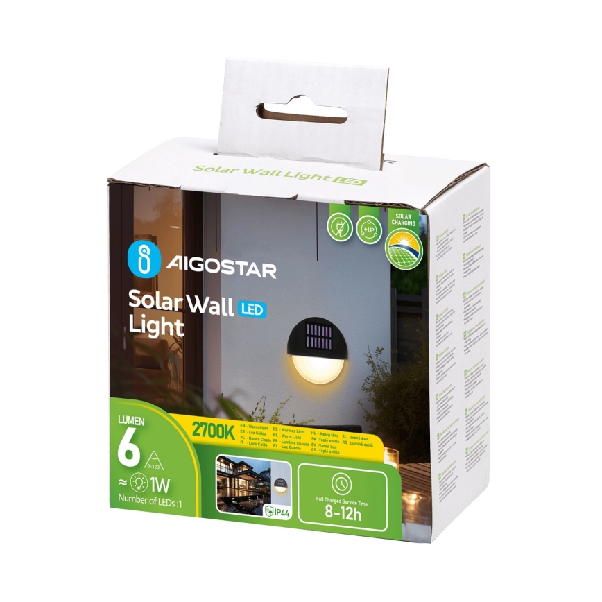 Aigostar - LED solcell väggbelysning LED/1W/1,2V svart 2700K IP44