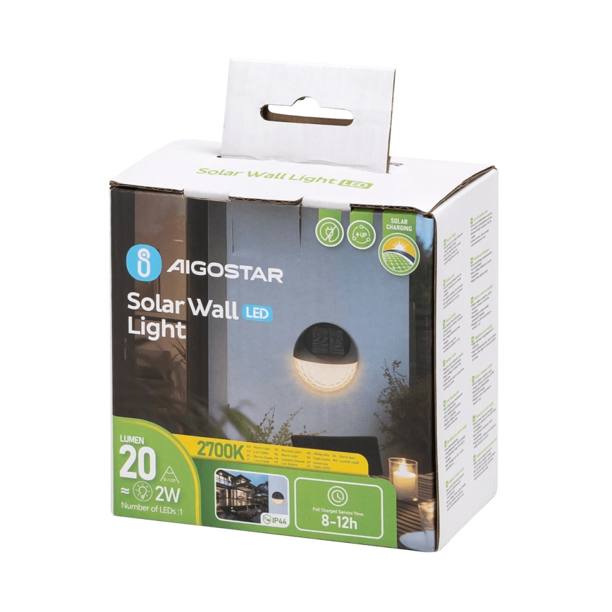 Aigostar - LED solcell väggbelysning LED/2W/1,2V svart 300 mAh 2700K IP44