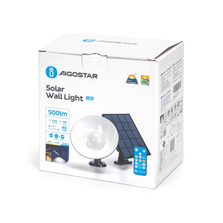 Aigostar - LED solcell väggbelysning LED/3,2V 3000K/4000K/6500K IP65 + fjärrkontroll