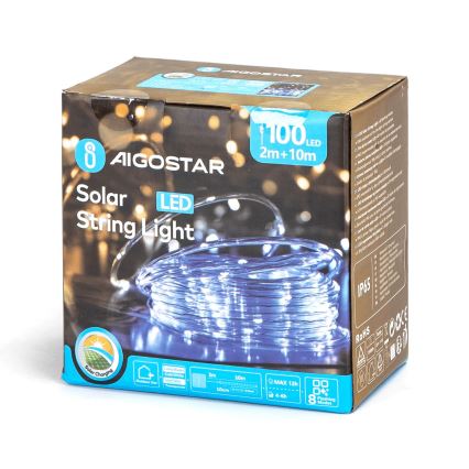 Aigostar - LED-solceller för julkedjan 100xLED/8 funktioner 12m IP65 kall vit 800 mAh
