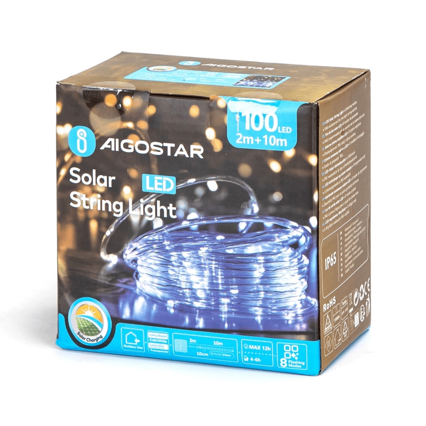 Aigostar - LED-solceller för julkedjan 100xLED/8 funktioner 12m IP65 kall vit 800 mAh
