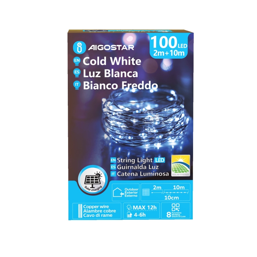 Aigostar - LED-solceller för julkedjan 100xLED/8 funktioner 12m IP65 800 mAh kall vit