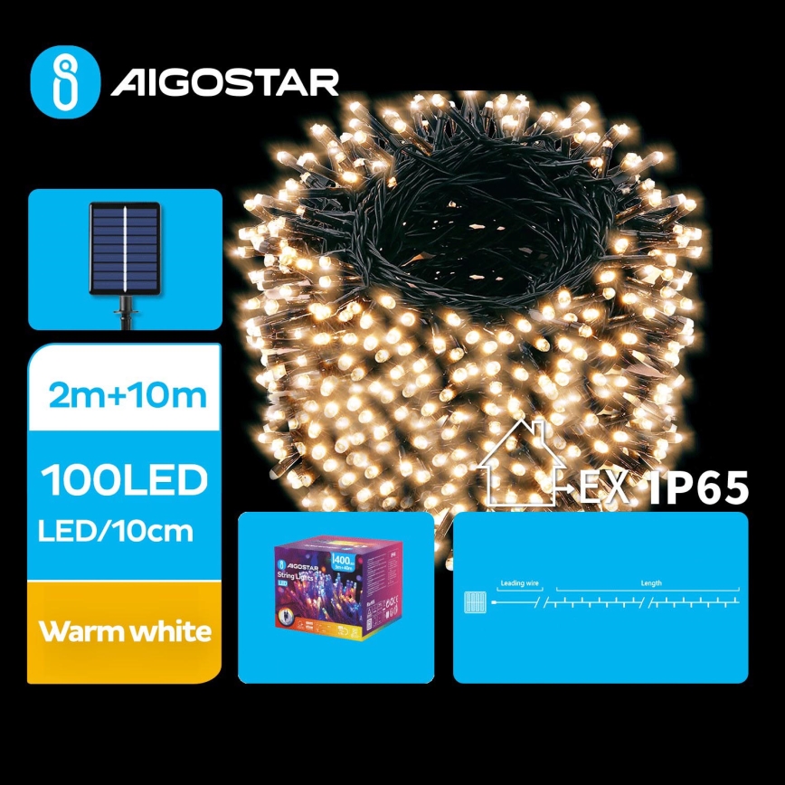 Aigostar - LED-solceller för julkedjan 100xLED/8 funktioner 12m IP65 varm vit 800 mAh