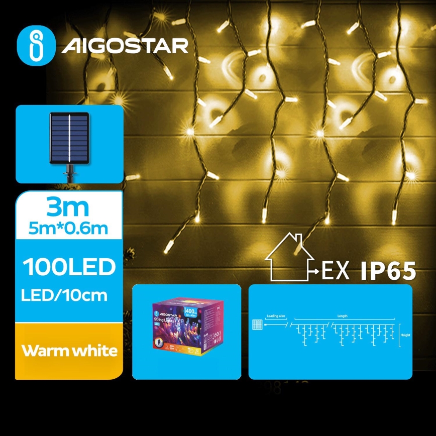 Aigostar - LED-solceller för julkedjan 100xLED/8 funktioner 8x0,6m 800 mAh IP65 varm vit