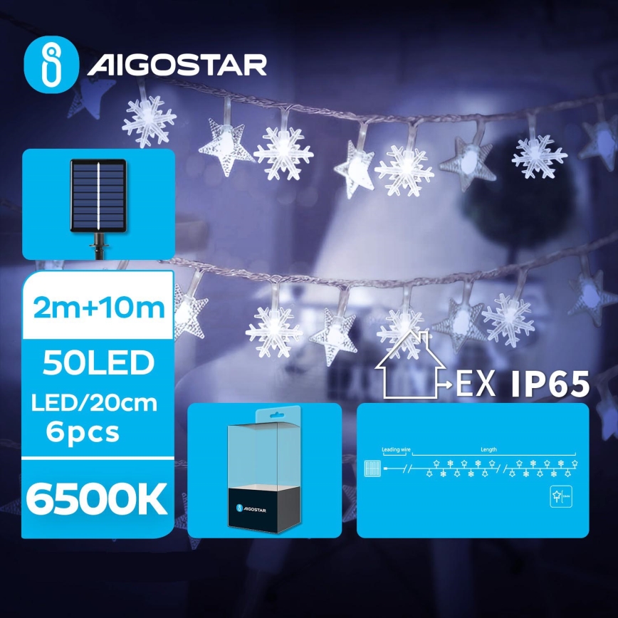 Aigostar - LED-solceller för julkedjan 50xLED/8 funktioner 12m IP65 800 mAh kall vit