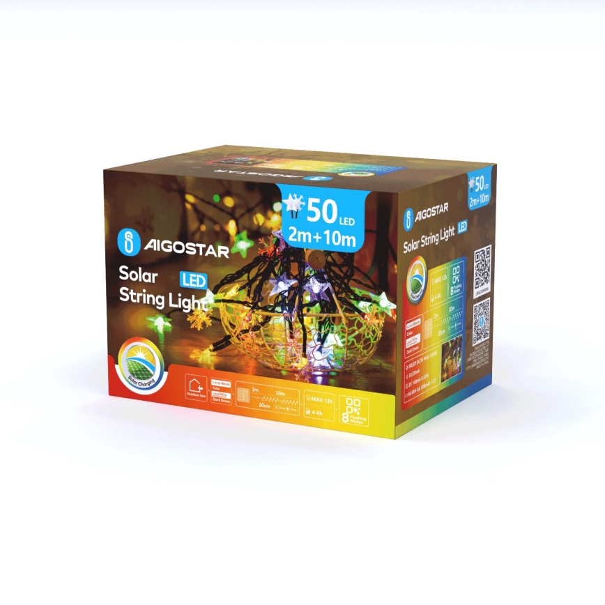 Aigostar - LED-solceller för julkedjan 50xLED/8 funktioner 800 mAh 12m IP65 Flerfärgad