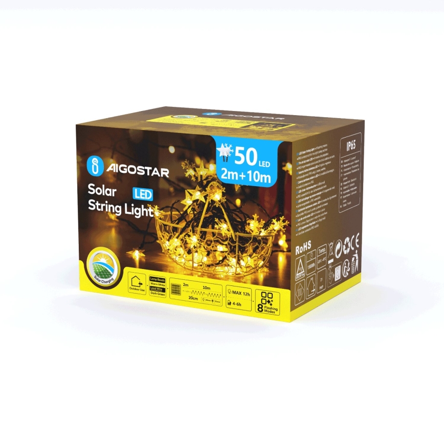 Aigostar - LED-solceller för julkedjan 50xLED/8 funktioner 12m 800mAh IP65 varm vit
