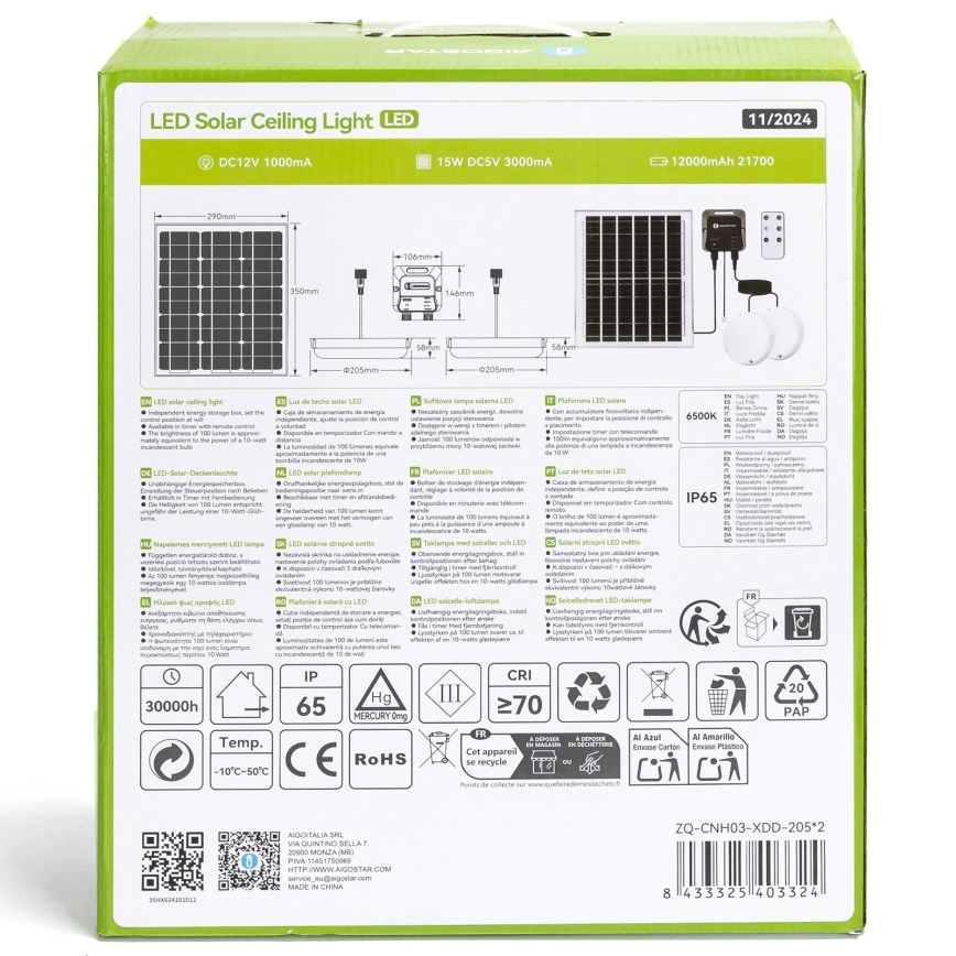 Aigostar - LED Solcellsbelysning 2xLED/70W/12V 12000 mAh 6500K diameter 20,5 cm + fjärrkontroll
