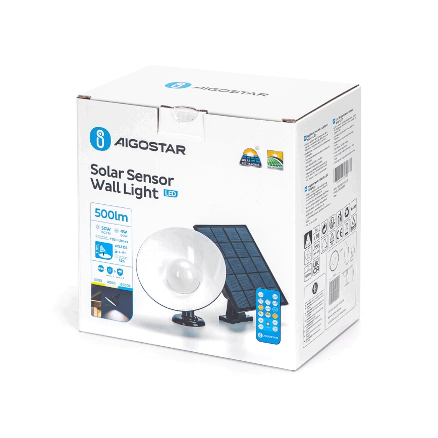 Aigostar - LED Solcellsbelysning med en sensor LED/3,2V 3000K/4000K/6500K IP65 5000 mAh fjärrkontroll