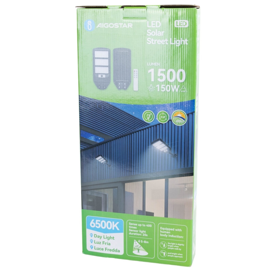 Aigostar - LED Solcellsgatulampa med sensor LED/150W/3,2V 8000mAh IP65 6500K + fjärrkontroll