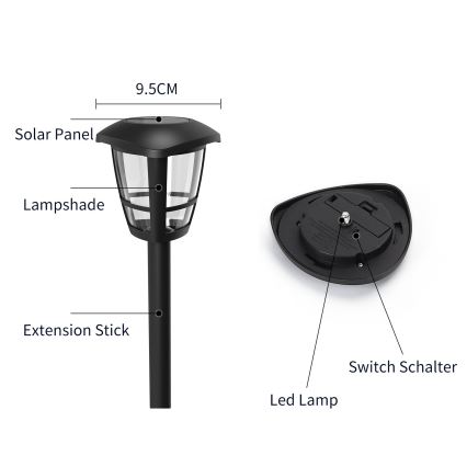 Aigostar - LED Solarlampa LED/0,06W/2V 100 mAh 33,8 cm 6500K IP44 svart
