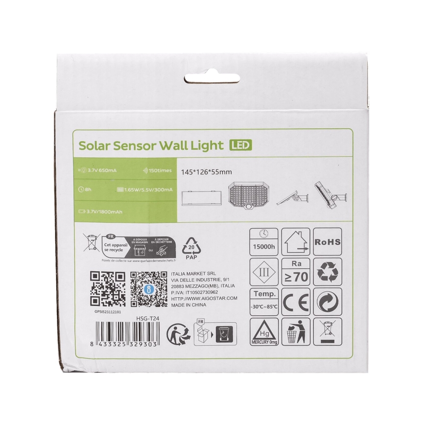 Aigostar - LED Solcellslampa med rörelsesensor LED/2,4W/3,7V IP65