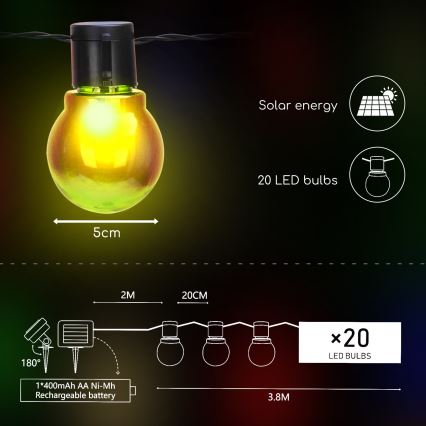 Aigostar - LED Solcellslinga 20xLED/5,8m IP44 flerfärgad
