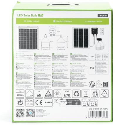 Aigostar - LED solcellsljuskrona 2xLED/70W/12V 12000 mAh 6500K diameter 12 cm + fjärrkontroll